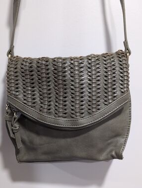 Sasha+Sofi Olive Green Crossbody Bag with A Woven Front Flap.